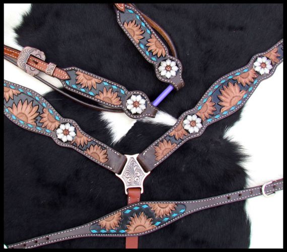 Showman Sunflower Tooled dark oil Leather Browband headstall and breastcollar set #4